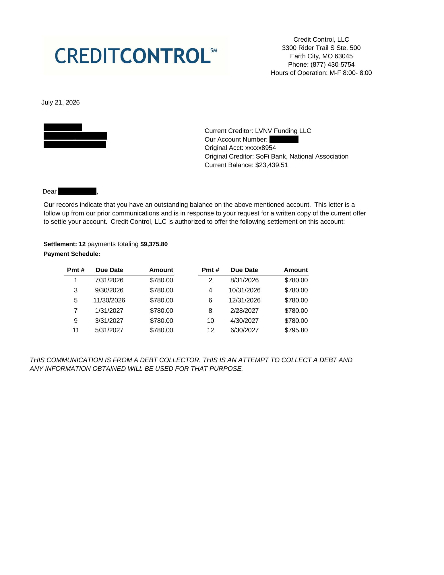 Credit Control settlement letter